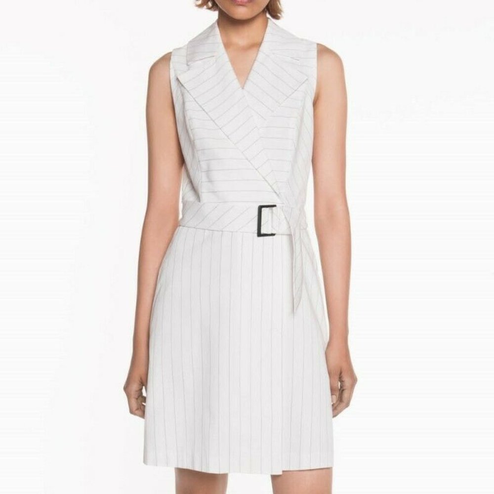 CUE Size 4 White striped Faux Wrap Cotton Summer Dress with Belt Light Stretch - Picture 1 of 10